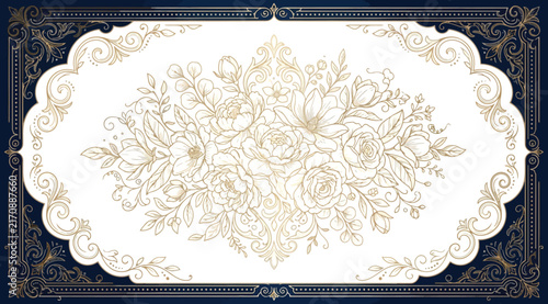 Photography Elegant vintage floral frame with intricate gold line art, featuring blooming ro