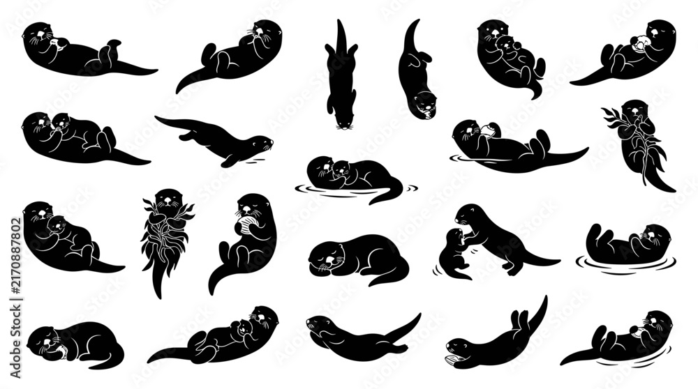 Obraz premium Otter silhouette vector icon set with cute aquatic animal poses for wildlife and nature design