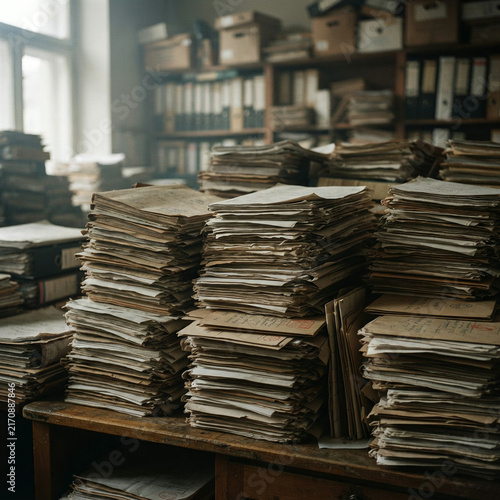 Three stacks of aged documents on a weathered table in a storage archive