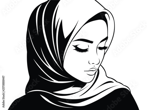 Foto Minimalist vector illustration of woman wearing hijab featuring clean black lines for fashion branding and modest apparel design