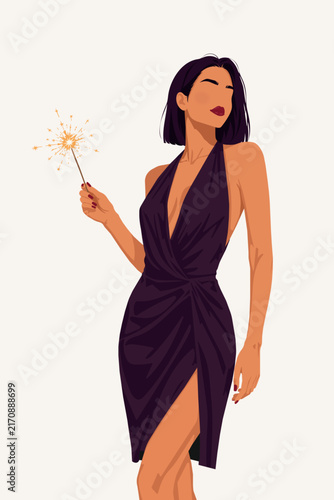 Elegant Woman with Sparkler Vector Illustration, Faceless Fashion Girl in Silk Evening Dress, Luxury New Year Party Look, Hand Drawn Festive Character Clipart, Chic Birthday Celebration Art