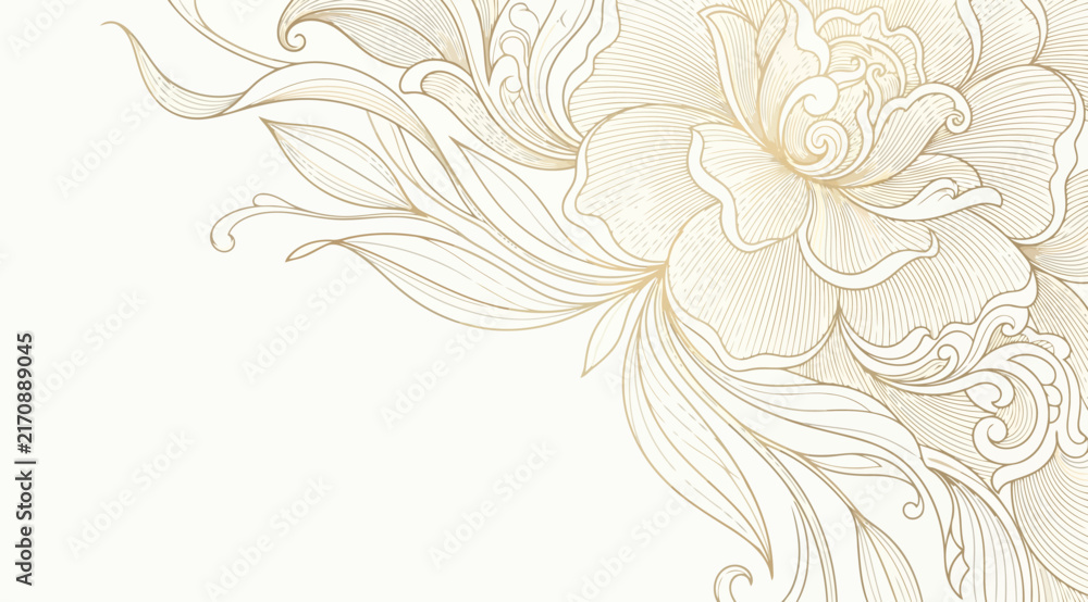 Fototapeta premium Exquisite floral corner border featuring intricate peony and flowing leaves in gold line art