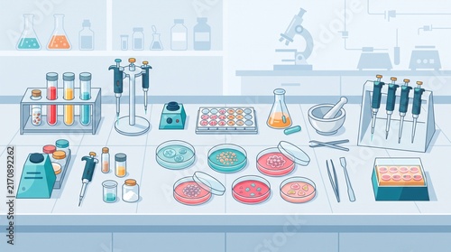 Cultivated meat research setup with petri dishes, test tubes and cellular cultures, representing laboratory food science, alternative protein and biotechnology innovation.