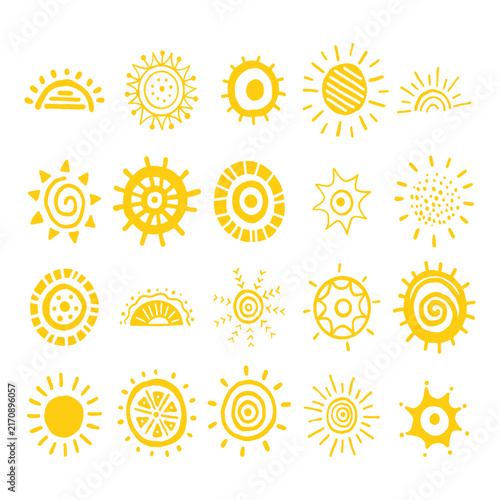 Cute doodle sun shine. Doodle sun sketch illustration. Hand drawn cute orange sun set. Scribble doodle children drawn style. Vector illustration