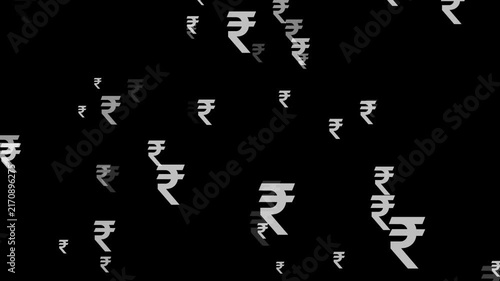 Animation of the Indian rupee currency symbol, rupees passing by in increasing numbers, black background, 4K video.