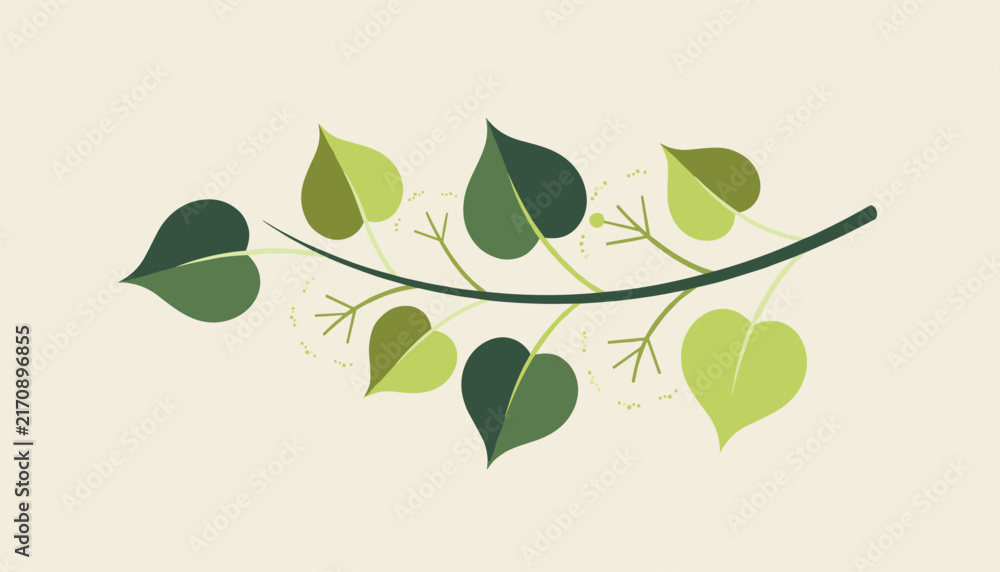 Obraz premium Single botanical branch of heart-shaped green leaves in a minimalist vector illustration on a beige background.
