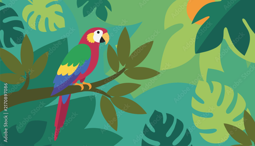 Fototapeta premium Colorful tropical parrot perched on a branch surrounded by lush green jungle leaves and monstera plants.