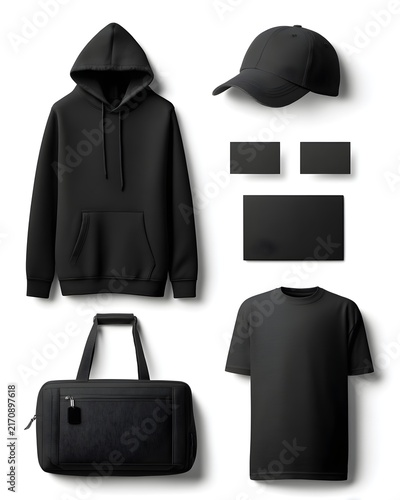 Black stationery mockup set including hoodie, t-shirt, cap, travel bag and business card, branding products isolated on white background