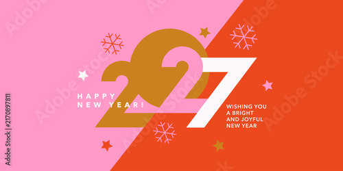Modern Happy New Year 2027 typography design with bold geometric numbers, stars and snowflakes. Holiday template for branding, greeting cards, posters and social media.