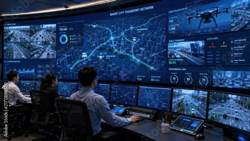 Control room with multiple monitors displays smart city transport data, drone footage, and traffic analytics, monitored by professionals managing urban mobility.