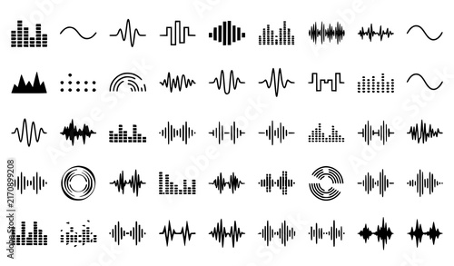 Audio Sound Wave and Digital Equalizer Icon Set with Music Frequency Signals, Radio Waves, and Volume Level Indicators for Podcast, Studio, and Tech Designs