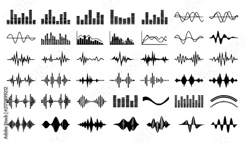 Music Equalizer Bar and Sound Wave Icon Set with Digital Audio Frequencies, Voice Signals, and Radio Waves for Podcasting, Studios, and Tech Graphic Designs