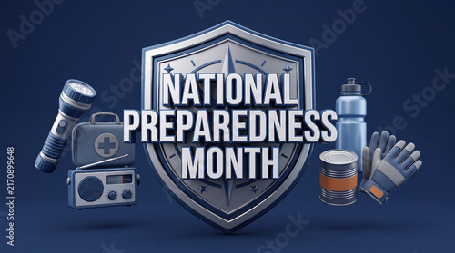 National Preparedness Month background with 3D shield, emergency kit, flashlight, radio, water bottle, canned food, and gloves