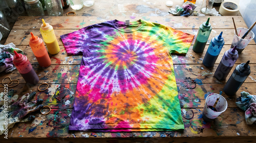 Colorful Rainbow Spiral Tie Dye T-Shirt Laying Flat on Wooden Craft Workbench Table