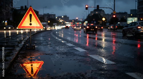 Road Warning Sign on Wet Asphalt City Street at Rainy Night with Car Traffic Lights