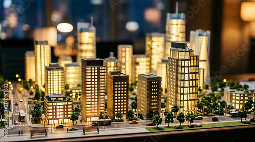 Illuminated Miniature City Architecture Model with Skyscrapers Streetlights and Small Vehicles