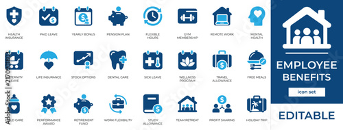 Employee benefits icon set with corporate hr wellness, health insurance pension retirement, bonus award reward, salary finance compensation, job policy, and staff motivation leadership symbols.