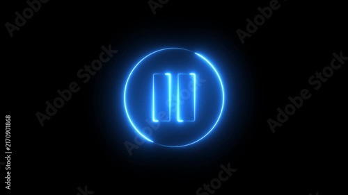 Neon pause button sign icon animation glowing blue color player pause circle stop music video and audio media control sign symbol on black background