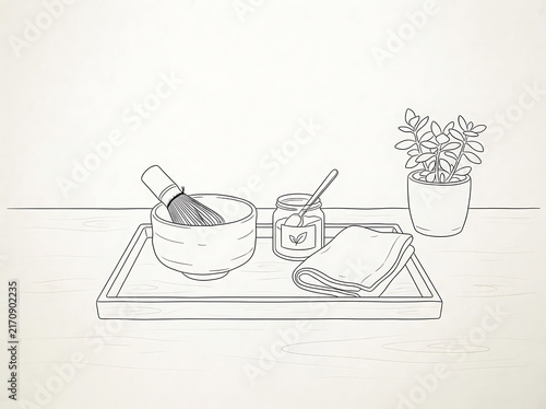 Minimalist Line Art Illustration of Traditional Japanese Matcha Green Tea Ceremony Set on Tray