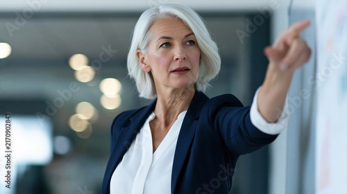 Professional mature female leader gesturing during team meeting or corporate strategy session