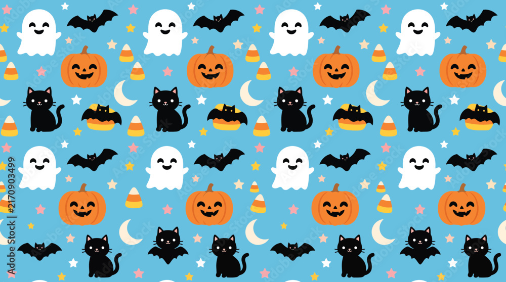 Obraz premium A cute seamless halloween background featuring cartoon ghosts pumpkins black cats and bats on a light blue starry night sky pattern