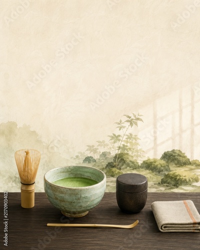 Japanese Matcha Tea Ceremony Still Life with Chawan Bowl, Bamboo Whisk and Minimal Garden Background. AI generative