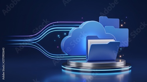 Obraz na płótnie Glowing data streams flowing into a 3D cloud computing storage system representing high speed internet connection and data migration