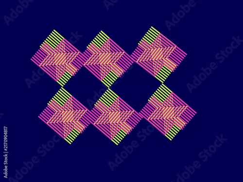 Abstract Geometric Maze Line Pattern with Interlocking Rectangular Forms in Pink and Green on Dark Blue Background for Modern Wallpaper