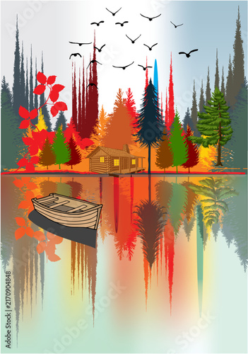 Naklejka autumn composition with trees and a lake