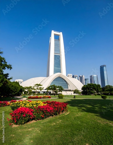 Modern skyscraper towering over vibrant botanical garden.