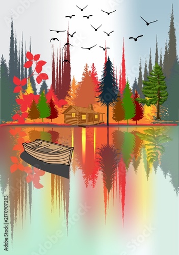 Naklejka autumn composition with trees and a lake