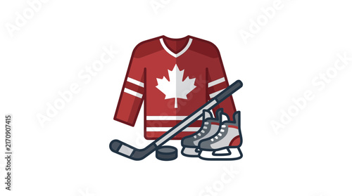 Photography Canadian ice hockey jersey with stick, skates and puck icon illustration