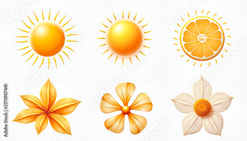 Yellow sun and flowers on white background
