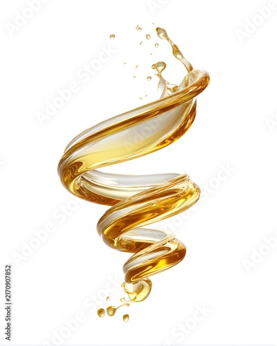 Transparent facial oil splash forming a soft spiral motion, skincare liquid texture isolated on white background