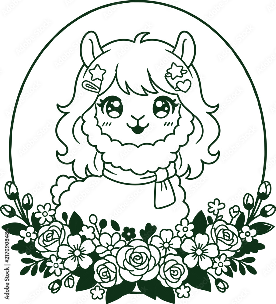 Naklejka premium Cute kawaii llama alpaca character line art vector illustration featuring a fluffy animal inside a circular floral rose border isolated on white background.