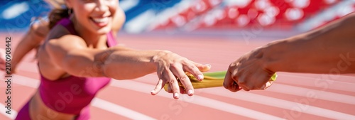 Happy Woman Giving Baton During Track Race