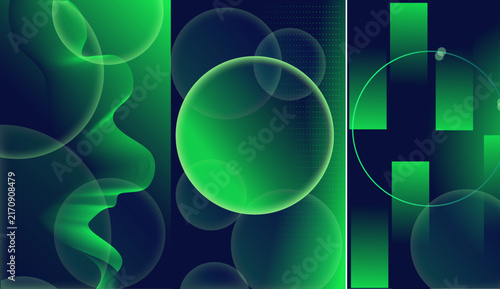 Abstract Green Translucent Bubbles and Geometric Bars on Dark Blue Background Modern Tech Design