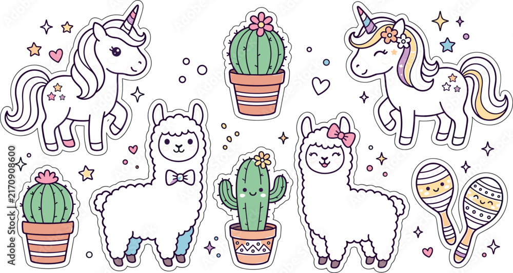 Naklejka premium Cute kawaii sticker collection set vector illustration featuring magical unicorns fluffy llamas potted desert cacti and musical maracas isolated on white background.