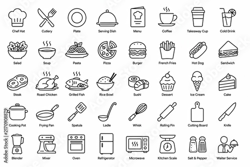Set of black and white business and office line icons