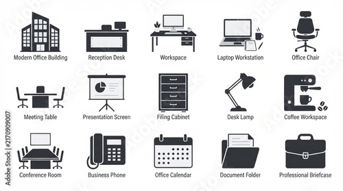 Minimalist office icons set, 15 professional business workspace symbols, black corporate equipment signs on white background