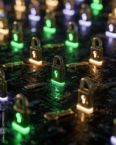 Digital Security Network: An intricate network of glowing digital padlocks and keys, representing data security and encryption, shines with vibrant neon lights on a dark, technological background.