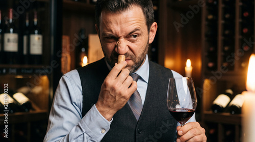 Sommelier dramatically sniffing wine cork with glass in cellar