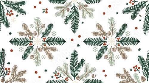 Christmas seamless pattern with pine branches and cones arranged as festive mandalas