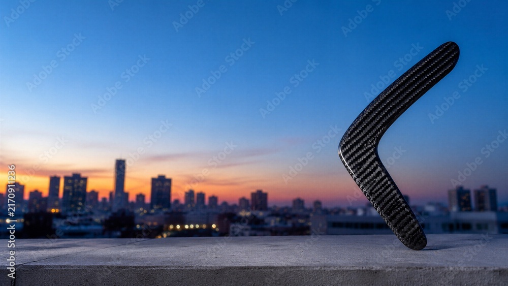 Obraz premium Carbon fiber boomerang silhoueette against sunset city backdrop