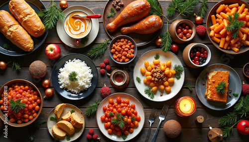 Festive table setting with various foods and decorations
