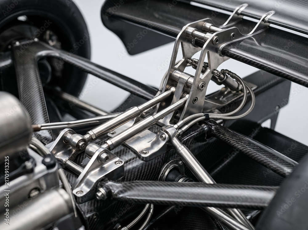 Naklejka premium detailed close up shot of carbon fiber and metal rear suspension and wing structure of a race car