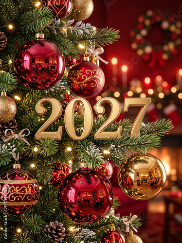 lush christmas tree decorated with bright red and gold baubles shiny garland lights and golden 2027 numbers near a cozy fireplace in a warm home holiday room layout design image