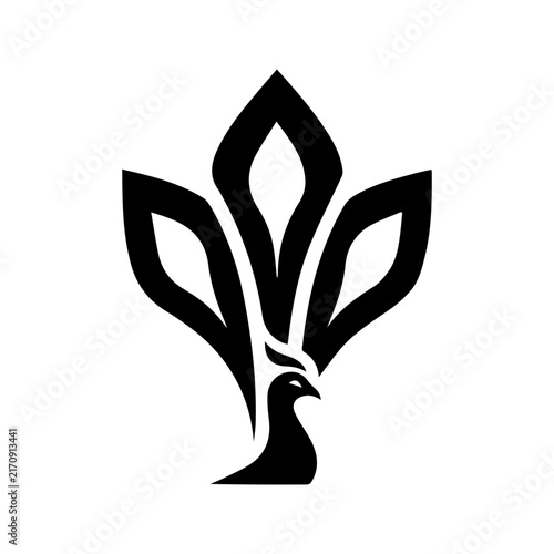 Minimalist black and white peacock logo design symbol.