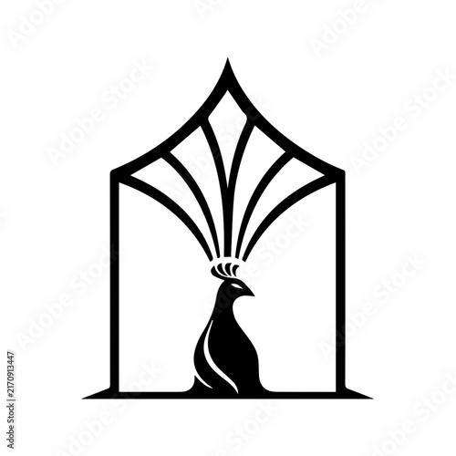 Minimalist black and white vector illustration of a stylized peacock inside an architectural archway.