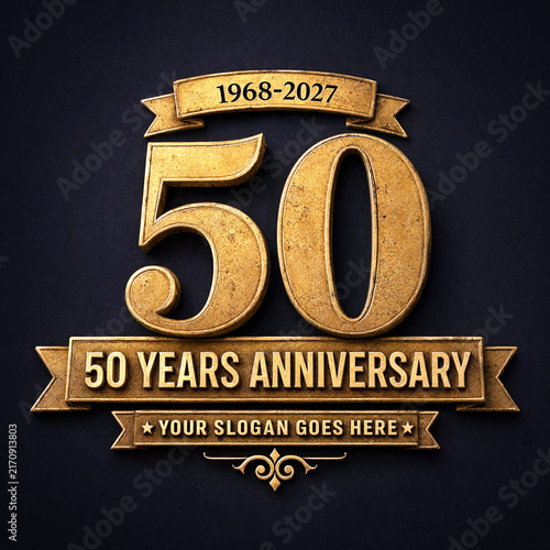 Golden elegant fiftieth anniversary celebration design with decorative banners and text isolated illustration